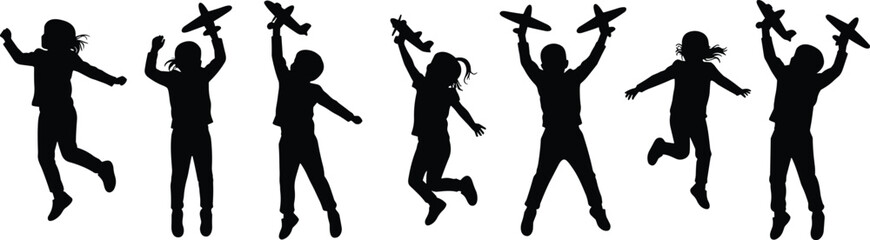 Children silhouettes, toy airplanes, jumping, running, black icons, white background, playful motion, childhood joy, imagination, flying dreams, outdoor activity