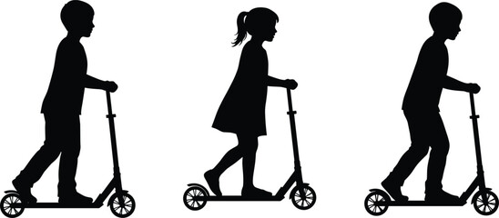 Children scooter silhouette set, riding motion poses, boy girl activity, black vector icons, playful movement, balance, outdoor energy design © Hasib World