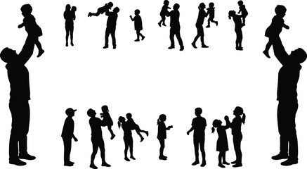 Family silhouette circle, adult and child interaction, caregiving bond, playful moments, black vector art, unity, love, support, connection