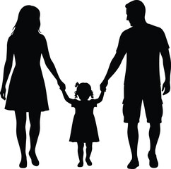 Family holding hands silhouette, parental support, child between adults, black vector art, love, unity, protection, caregiving, bond, connection