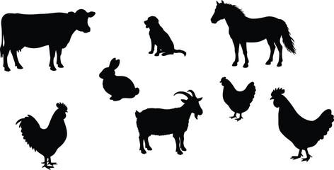 Farm animal silhouettes, cow, dog, horse, rabbit, goat, chicken icons, black vector, pet design, livestock graphic, rural theme