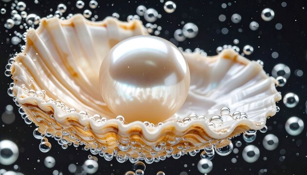 A luminous pearl nestles within a delicate seashell, surrounded by shimmering bubbles, creating a captivating image of beauty and tranquility.