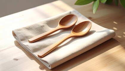 A pair of handcrafted wooden spoons on a folded cloth napkin with soft natural light, promoting a minimalist and sustainable tableware concept