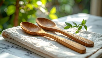 Serene still life of two handcrafted wooden spoons on a linen cloth, with a sunlit green bokeh background for a healthy lifestyle concept