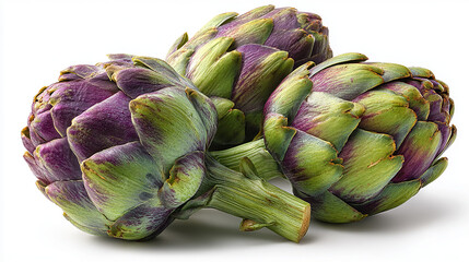 Obraz premium Fresh artichokes with vibrant green and purple tones, high detail, isolated on a clean white background