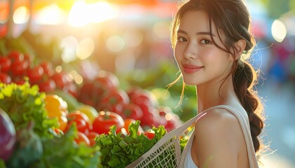 Beautiful young Asian woman smiling while shopping for fresh organic vegetables at a sunny outdoor farmer's market