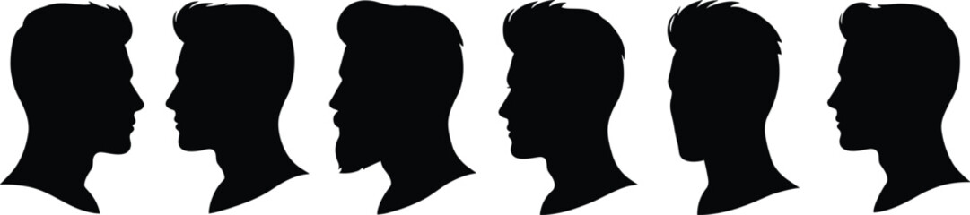 Male head silhouettes, hairstyle and beard styles, black icons, white background, grooming trends, profile view, haircut, facial hair