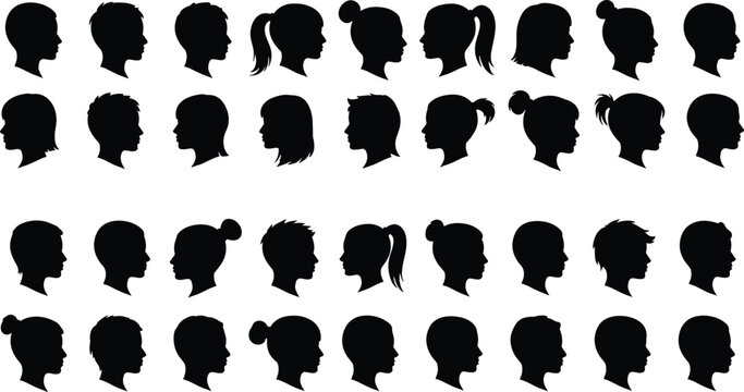 Human head silhouette set, diverse hairstyle profiles, black vector icons, people avatar grid, demographic diversity, hairstyle reference, design elements, illustration pack