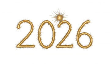 2026 sparkler new year celebration displaying golden glitter exploding top of the year number on transparent background