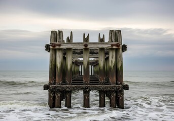 Worn pier structure in a calm ocean with an overcast horizon