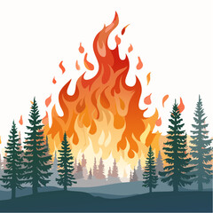 A dramatic wildfire consumes a forest landscape. Intense flames and smoke rise against a silhouette of trees. Evokes power and natural disaster.