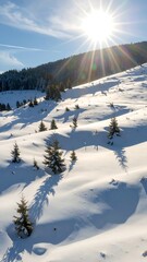 Snowy mountain landscape with sun rays