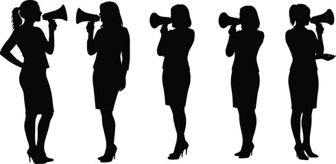 Woman with megaphone silhouette set, business attire poses, black vector icons, leadership communication, public speaking advocacy design