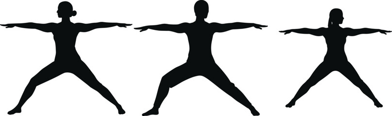 Yoga warrior pose silhouette set, Virabhadrasana II posture, black vector icons, strength balance alignment, fitness concentration design