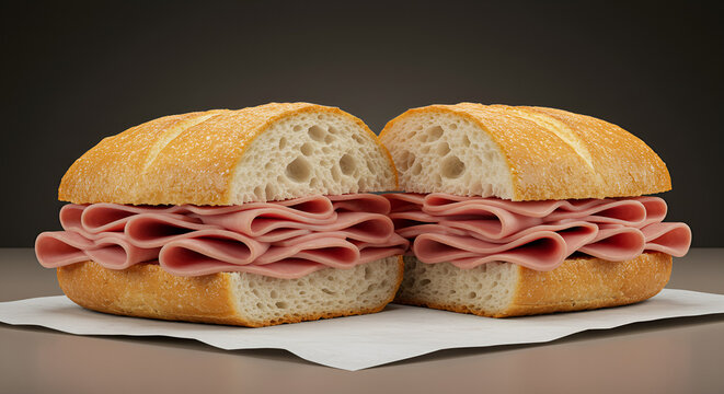 Sandu&iacute;che de mortadela gigante no p&atilde;o franc&ecirc;s, recheado generosamente com fatias suculentas e frescas, em estilo paulistano