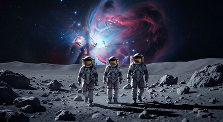 Astronauts Explore Alien Moon with Nebula Sky, Cosmic Discovery, Space Exploration, and Adventure.
