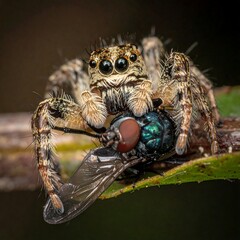 Jumping spider eating fly