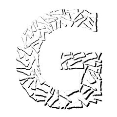 Artistic representation of the letter G, constructed from numerous small, irregular shapes.