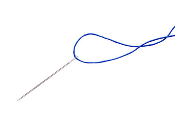 Sewing needle with blue thread isolated on white