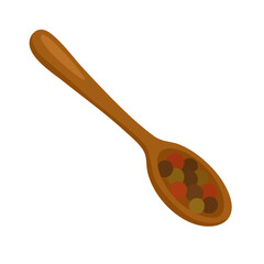 Vector illustration of wooden spoon with mixed peppercorns, flat cartoon doodle style isolated.