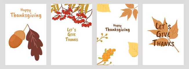 Thanksgiving poster set with festive autumn design. For holiday decoration marketing material social media post and seasonal invitation. Vector illustration