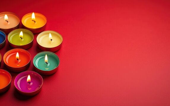 Group of small colorful tealight candles burning, creating a festive atmosphere for Diwali or other celebrations, with copy space