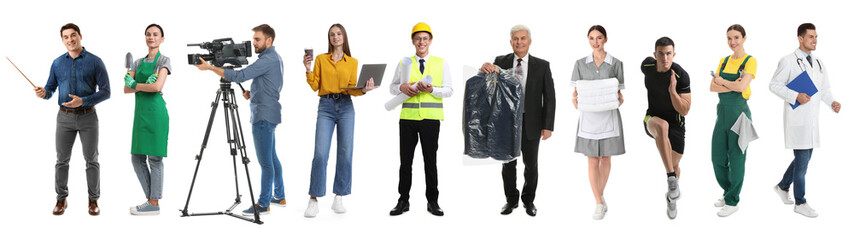Choosing profession. People of different occupations on white background, collage of portraits