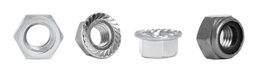 Different metal nuts isolated on white, set