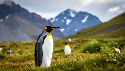King penguin in grassy landscape