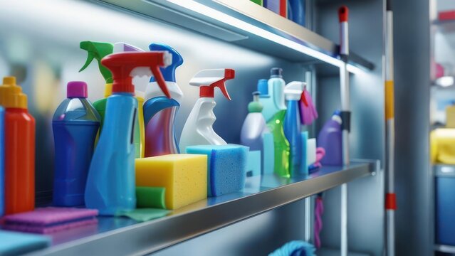 Sparkling clean home essentials organized on shelves with colorful spray bottles sponges and cleaning supplies ready for action