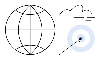 Globe with latitude and longitude lines, a cloud, and a bullseye target with an arrow. Ideal for digital strategy, global goals, cloud services, precision marketing, data exchange, connectivity