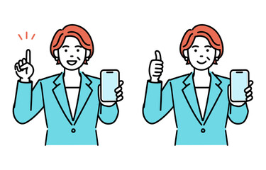 Simple illustration set of an adult businesswoman showing a smartphone screen