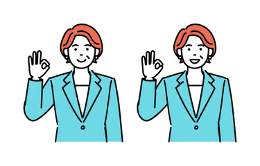 Simple illustration set of an adult businesswoman signing OK
