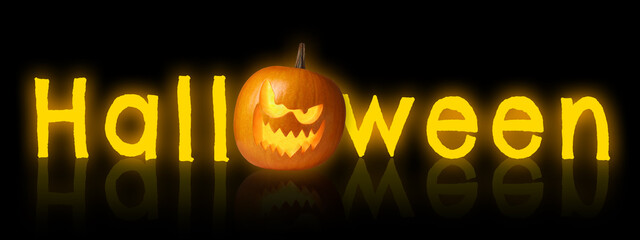 Halloween poster, banner design. Spooky Jack-O-Lantern instead of letter O against black background