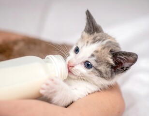 Kitten drinking milk from bottle