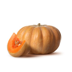 Fresh ripe pumpkins isolated on white. Whole and slice