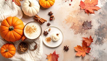 Fototapeta premium Cozy Autumn Still Life with Pumpkins and Maple Leaves