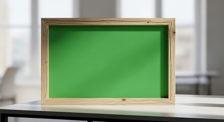 Blank Green Screen Framed Picture on White Table  Mockup for Presentation.