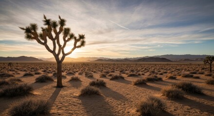 Naklejka premium Joshua tree at sunset in a desert landscape