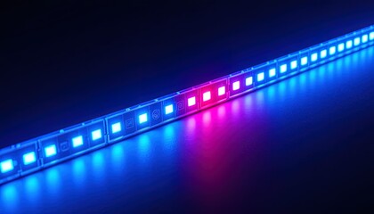 Obraz premium Vibrant LED strip lights glow with dynamic blue and pink hues, casting an ambient, modern atmosphere ideal for creative spaces.