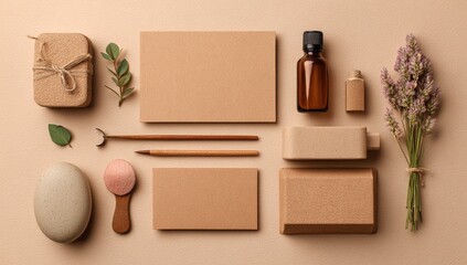 Beige aesthetic flat lay with natural items