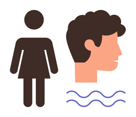 Female silhouette, male face profile, and curved wave patterns. Ideal for communication, gender studies, diversity, identity, community human connection and design concepts. A simple flat metaphor