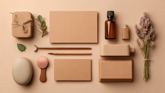 Beige aesthetic flat lay with natural items