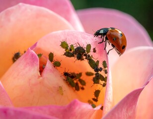 Ladybug on rose with aphids