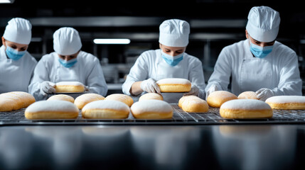 Bread factory, Bakers working together on freshly made bread in a commercial kitchen.