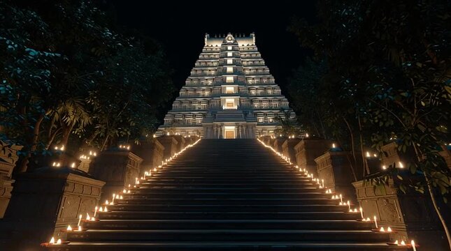 Temple gopuram lit by oil lamps for Karthigai Deepam at night creates a serene atmosphere of devotion