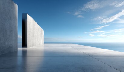 A modern concrete structure stands by the sea with a clear blue sky above, showcasing minimalist design and serene atmosphere.