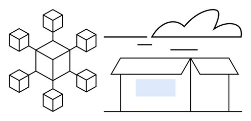 Geometric cubes forming a blockchain network next to a warehouse and abstract cloud. Ideal for digital storage, supply chain, logistics, efficiency, innovation, cloud services, simple flat metaphor