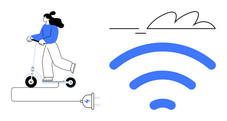 Woman riding an electric scooter connected to a power plug, with a wireless signal and cloud. Ideal for urban mobility, green energy, technology, smart city, connectivity, eco-lifestyle, simple flat