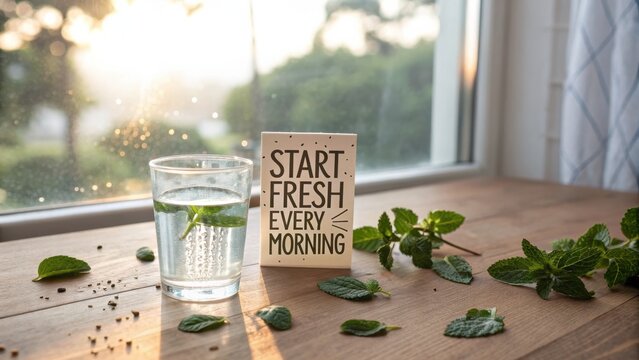 Refreshing Mint Water & Inspirational Quote for a Fresh Morning Start by a Sunlit Window